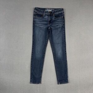 American Eagle Jeans Womens 6 Blue Mid Rise Super Skinny Distressed Denim Cotton